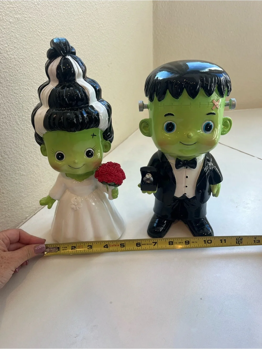 Halloween  Bride and Groom Frankenstein Figurines - Green, Black, White
